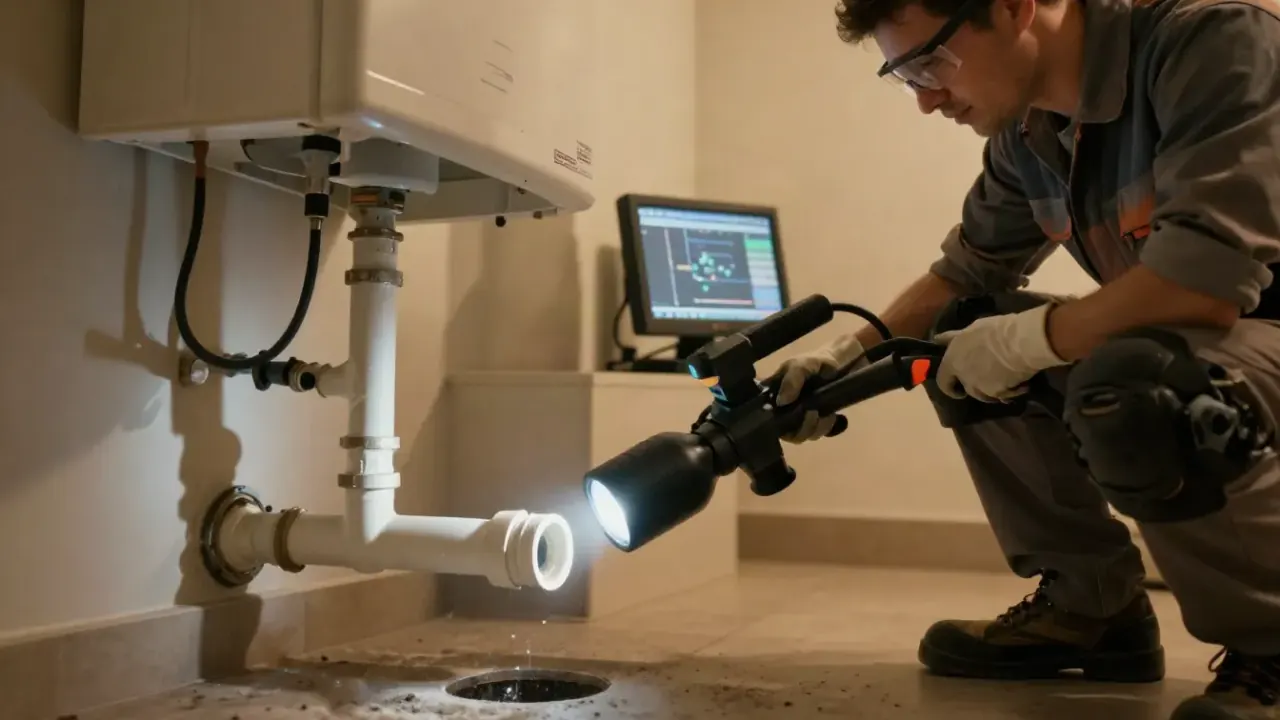 Video Camera Drain Inspection in Lake Forest, California: close-up of a drain camera's LED-illuminated lens as it enters a