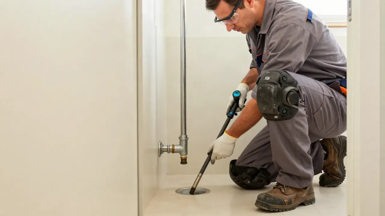 Shower & Tub Drain Cleaning in Lake Forest, California: drain cleaning technician feeding a small hand snake into a clogged
